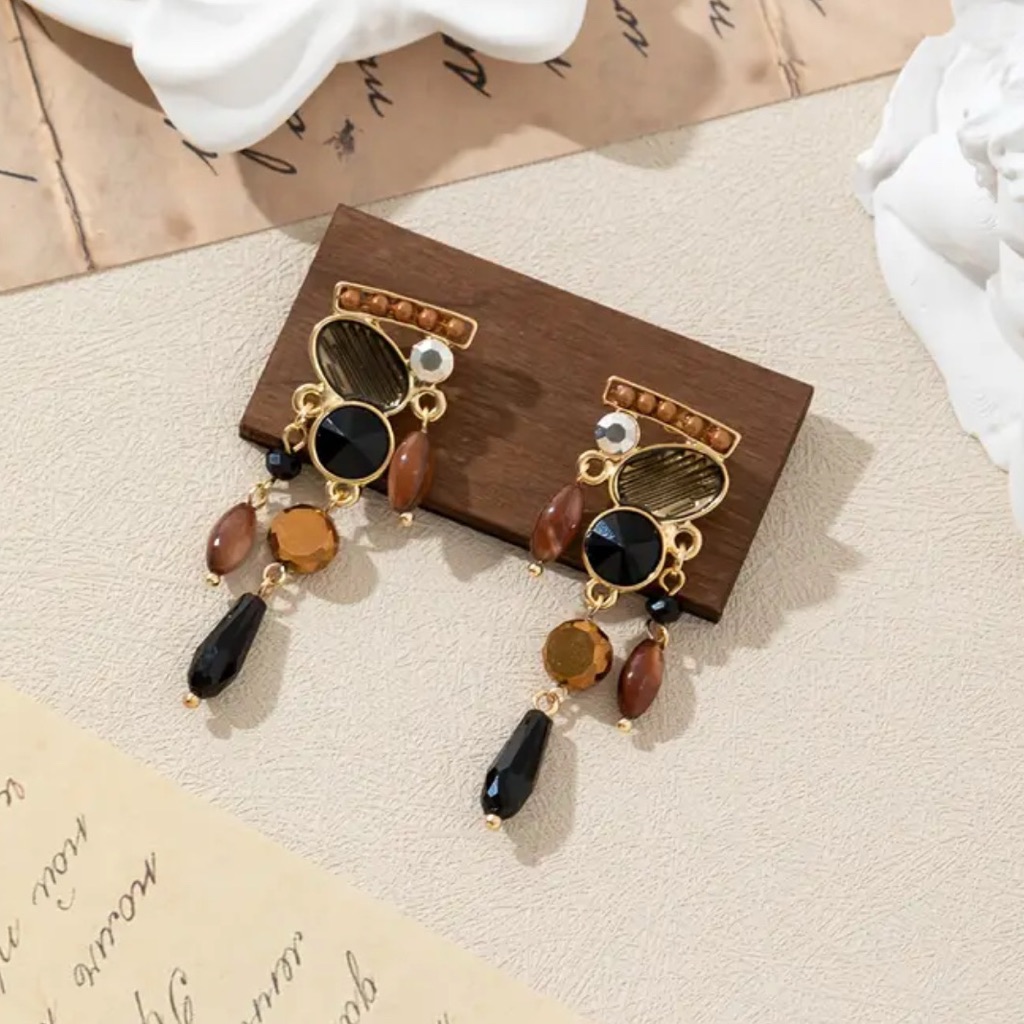 Earth Tone Black And Tiger Eye Chandelier Earrings